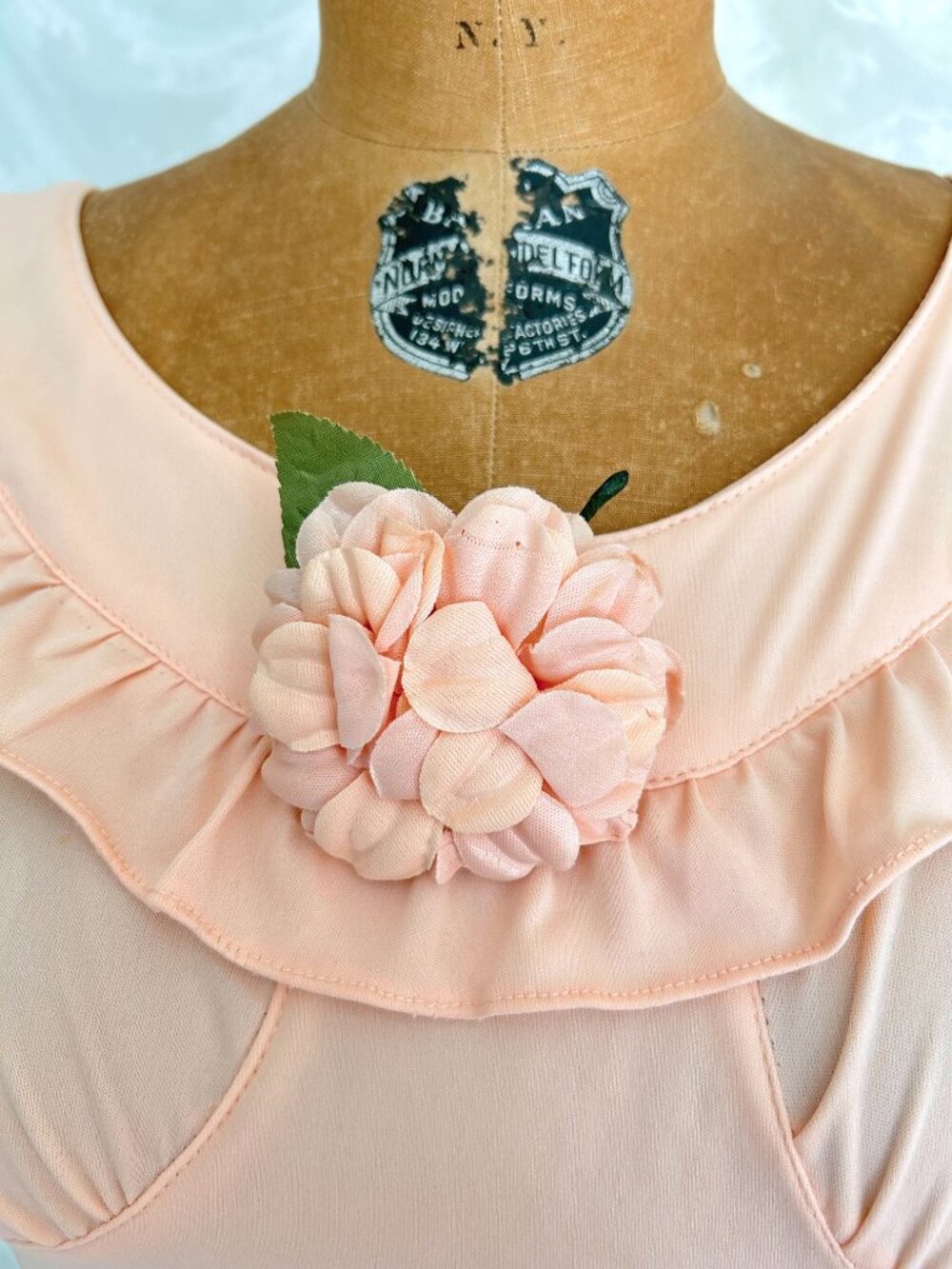 Vintage Peach Maxi Dress, Ruffle Neck Empire Waist, Romantic Bridesmaid Gown - Picture 3 of 9